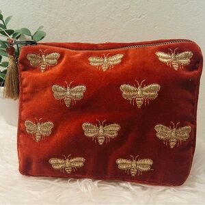 Orange Velvet Cosmetics Bag with Gold Bee Embroidery and Tassel NWOT